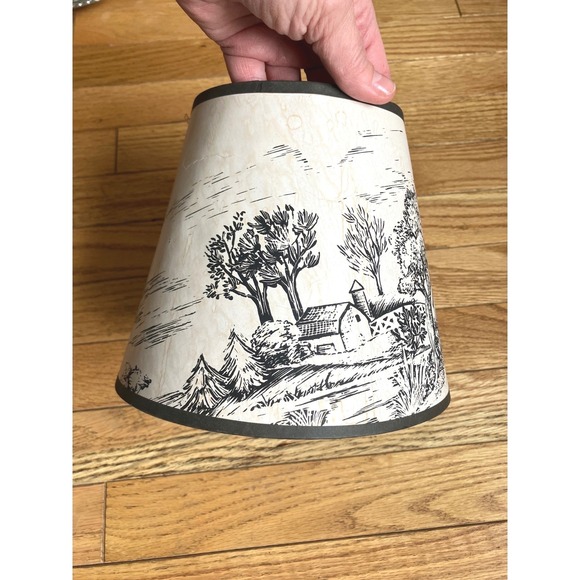 Vintage Parchment Paper Lamp Shade Country Farm Landscape Black Cream Clip On - Picture 2 of 12